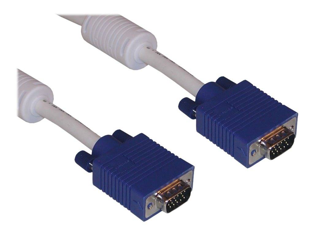 Zwei blaue VGA-Kabelstecker mit angeschlossenen grauen Kabeln auf weißem Hintergrund.