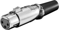 Nahaufnahme eines silbernen XLR-Audiosteckers mit drei Öffnungen und einem angeschlossenen schwarzen Kabel