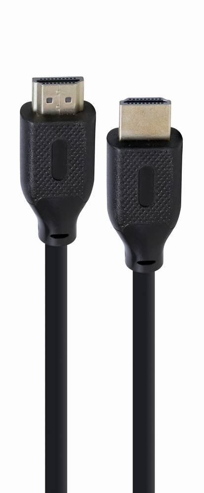 Zwei schwarze HDMI-Kabel, vertikal angeordnet, mit vergoldeten Steckern vor weißem Hintergrund dargestellt.