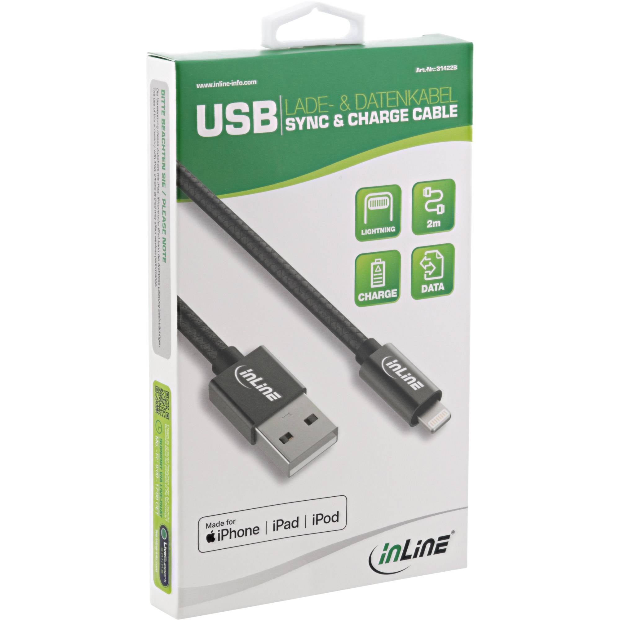 InLine® Lightning USB Kabel, für iPad/iPhone schwarz/Alu, 2m MFi-zertifiziert