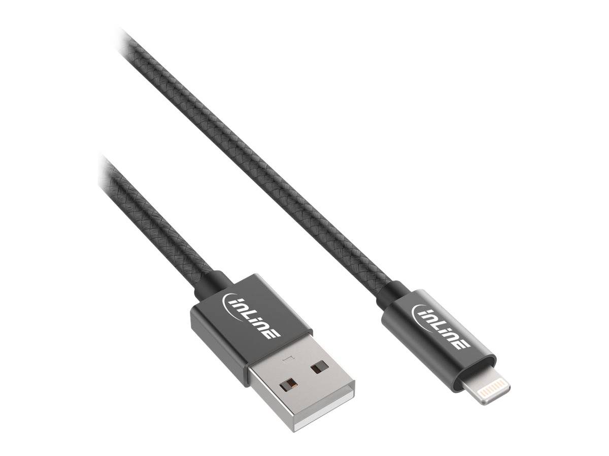 InLine® Lightning USB Kabel, für iPad/iPhone schwarz/Alu, 2m MFi-zertifiziert
