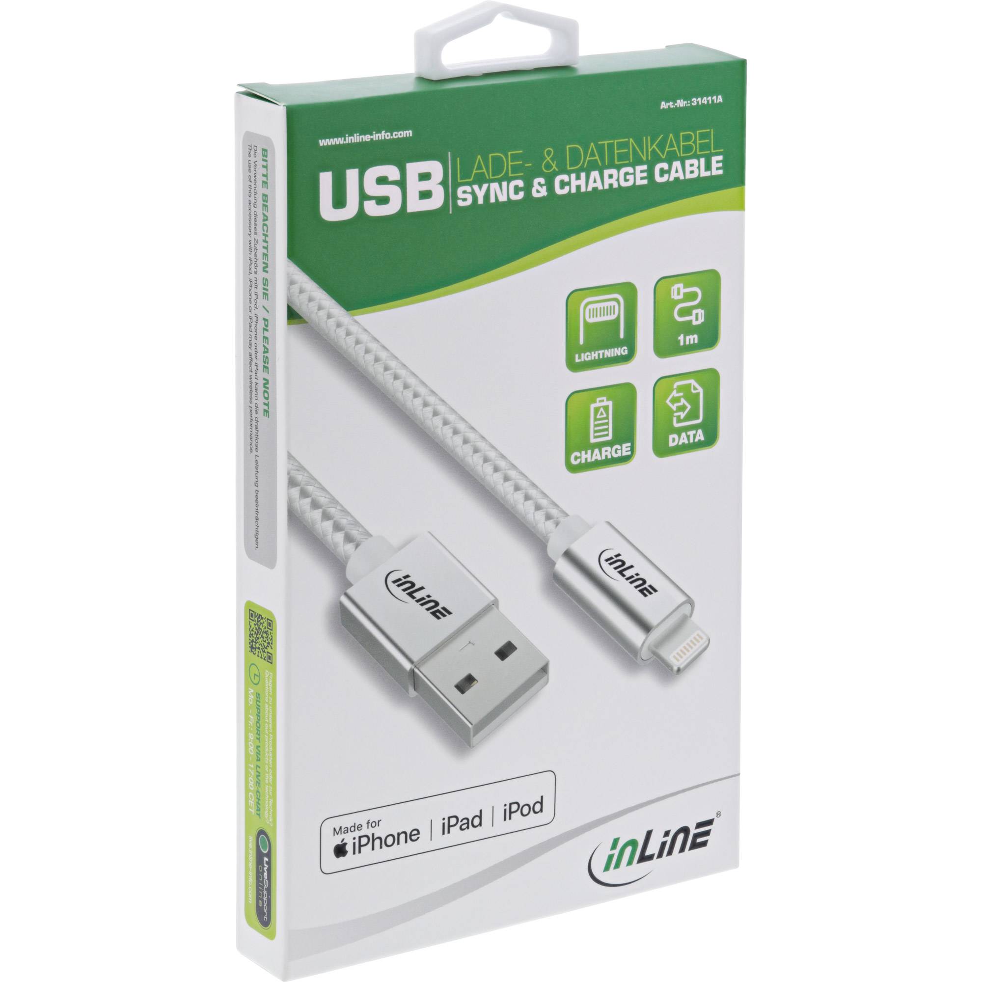 INLINE - Lightning USB Kabel - für iPad - iPhone - iPod - silber/Alu - 1m MFi-zert.