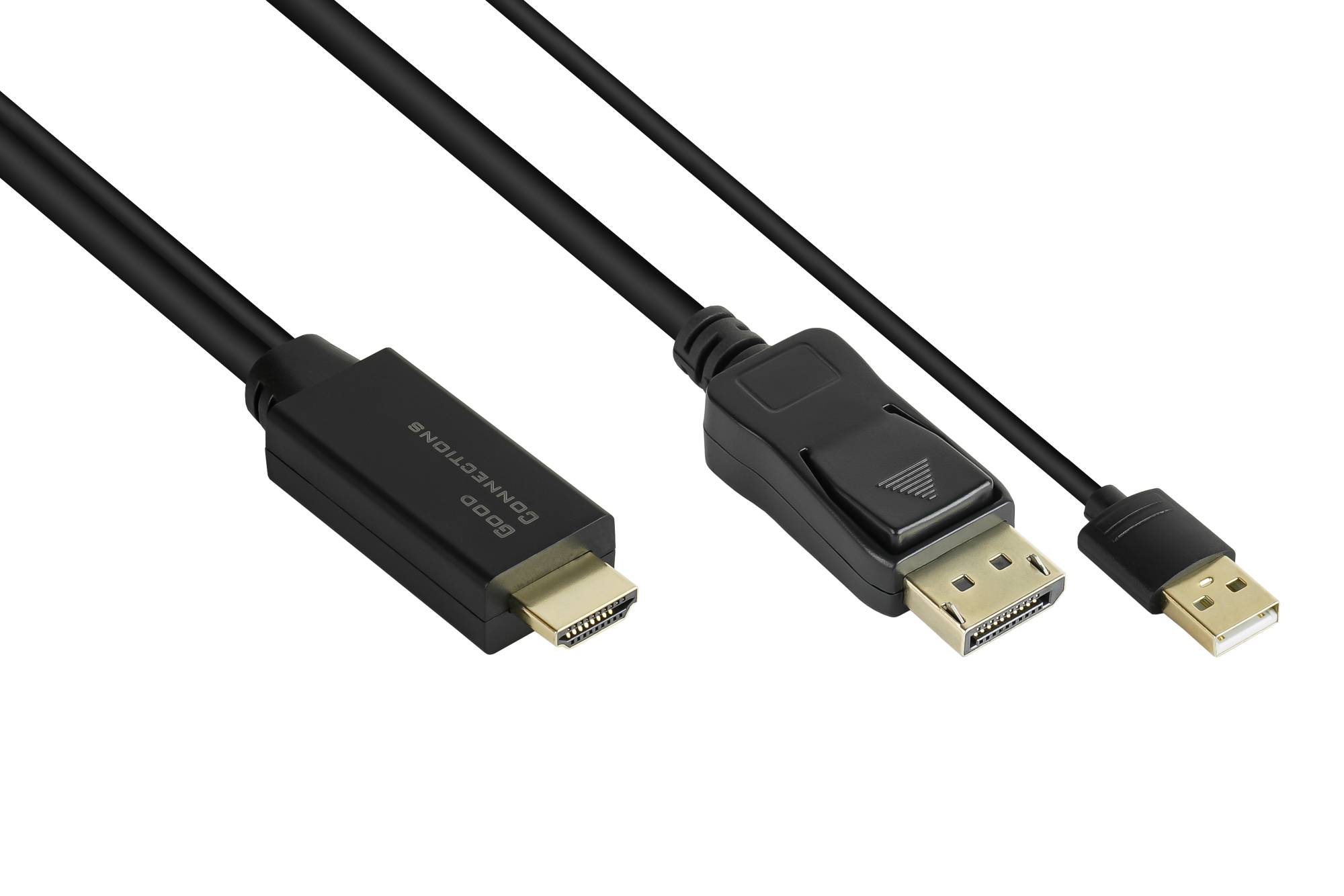 Drei schwarze Displaykabel mit unterschiedlichen Anschlüssen: HDMI an einem Ende, DisplayPort in der Mitte und Mini DisplayPort auf der rechten Seite.