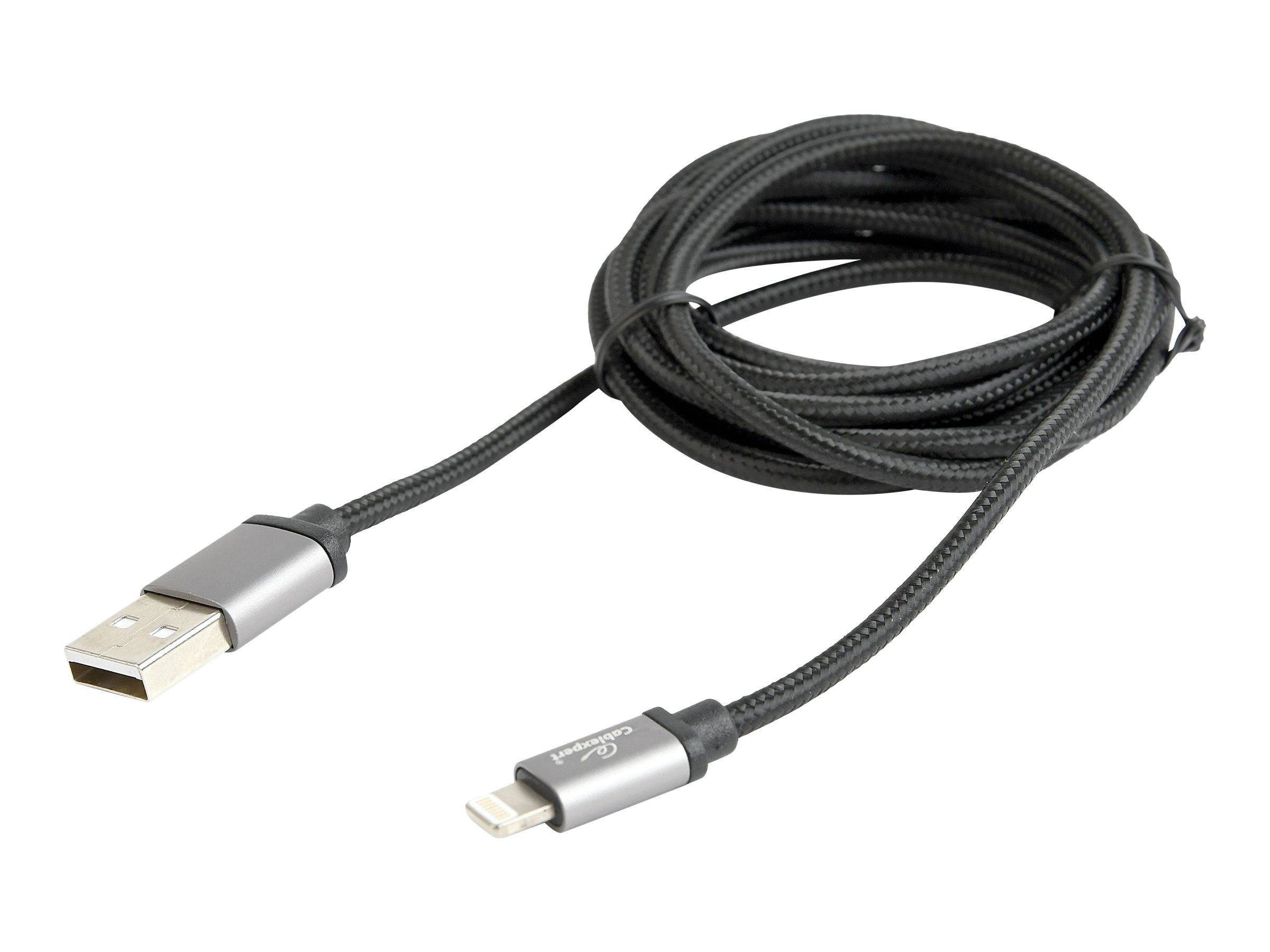 Aufgerolltes USB-Ladekabel mit einem USB-A-Anschluss an einem Ende und einem Lightning-Anschluss am anderen Ende.