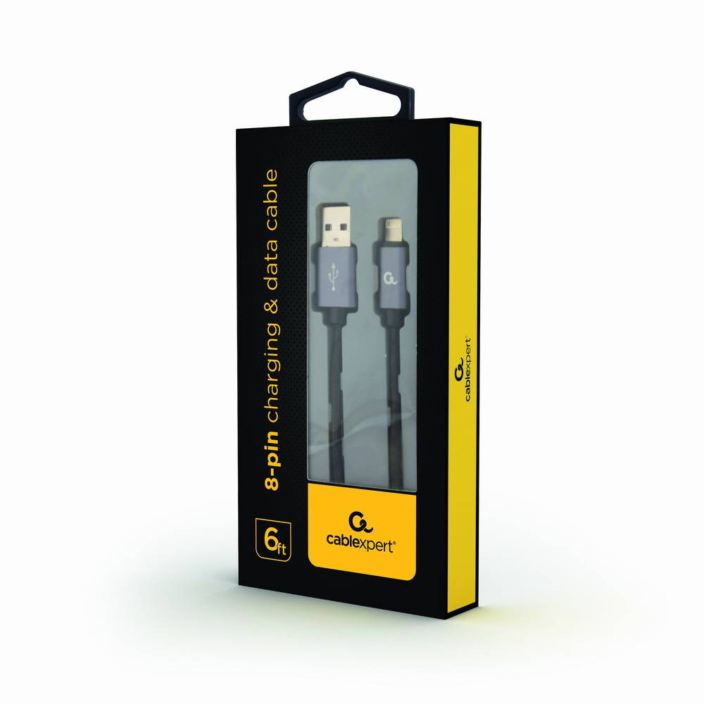 Verpackter 6 ft Cabexpert 8-poliges Lade- und Datenkabel, gezeigt in schwarzer und gelber Einzelhandelsbox mit sichtbarem Kabel durch Fenster.