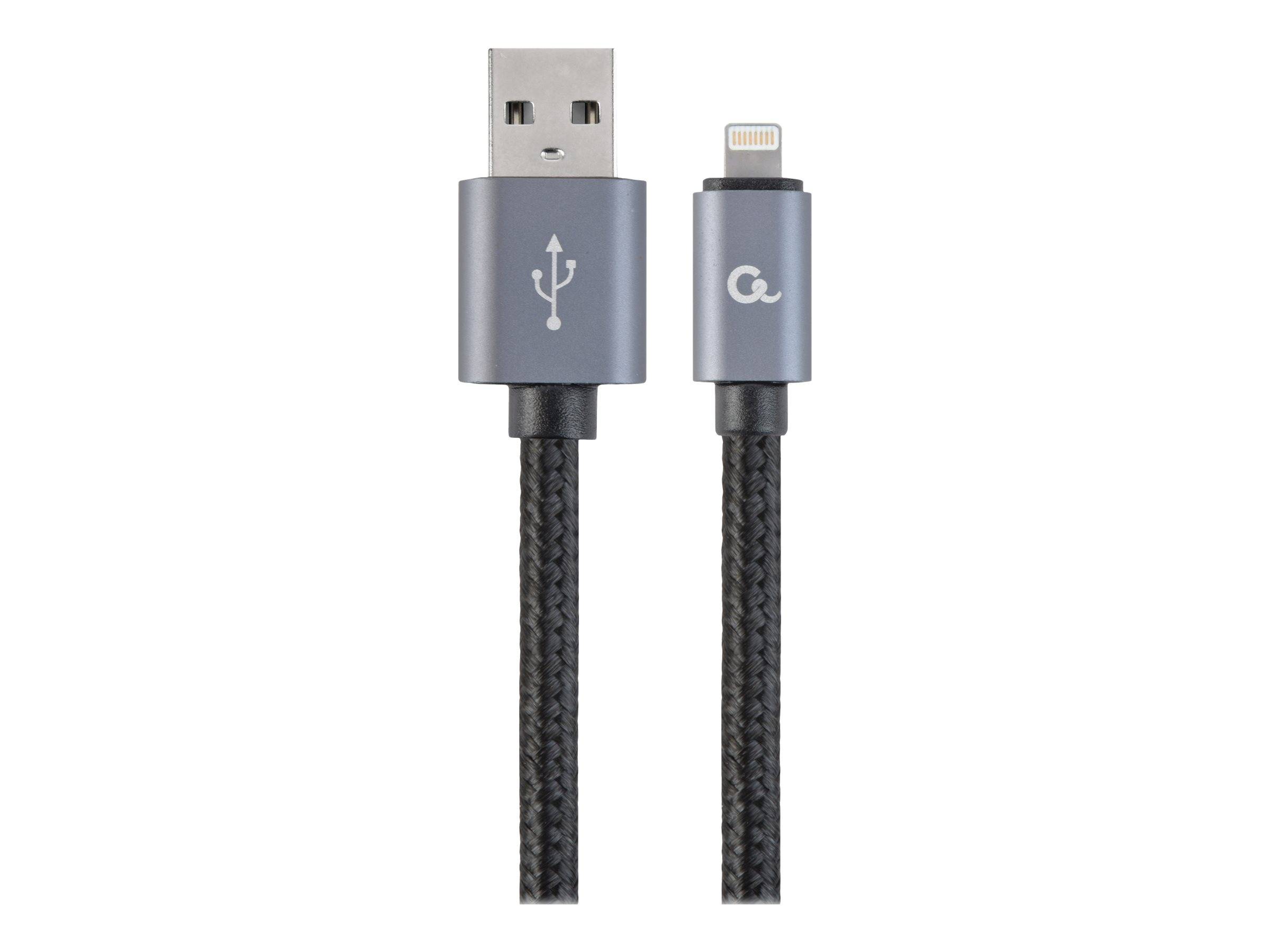 Geflochtenes USB-A zu Lightning-Ladekabel auf weißem Hintergrund.