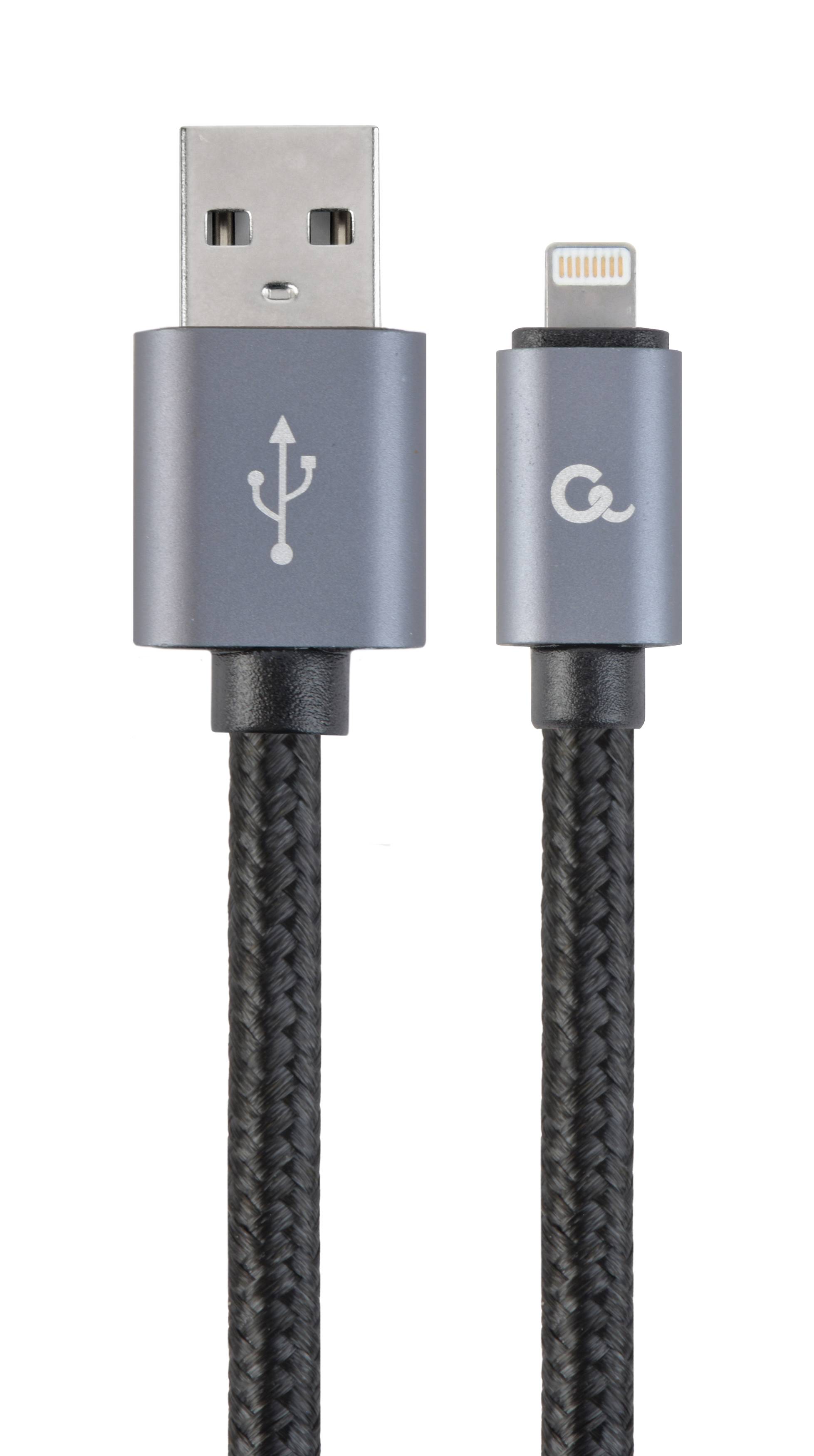 Geflochtenes USB-A auf Lightning-Ladekabel mit grauem Stecker-Paar auf weißem Hintergrund.