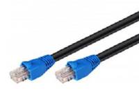 Zwei schwarze Ethernet-Kabel mit blauen Anschlüssen, die jeweils klare RJ45-Stecker an den Enden aufweisen.