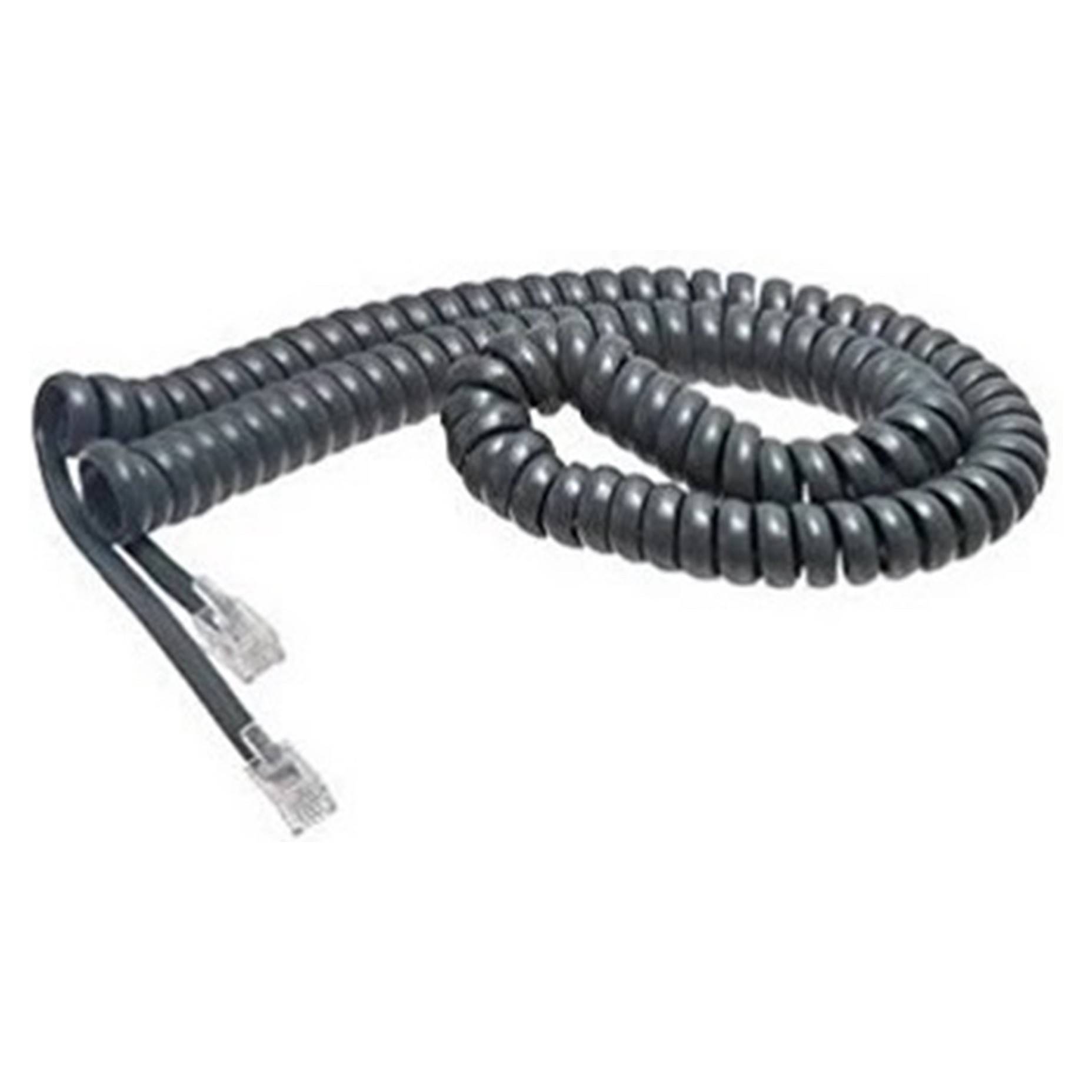 Aufgewickeltes schwarzes Telefonhörer-Kabel mit RJ-artigen Steckverbindern auf weißem Hintergrund.