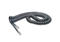 Aufgerolltes schwarzes Telefonhörer-Kabel mit freiliegenden Steckern auf weißem Hintergrund.
