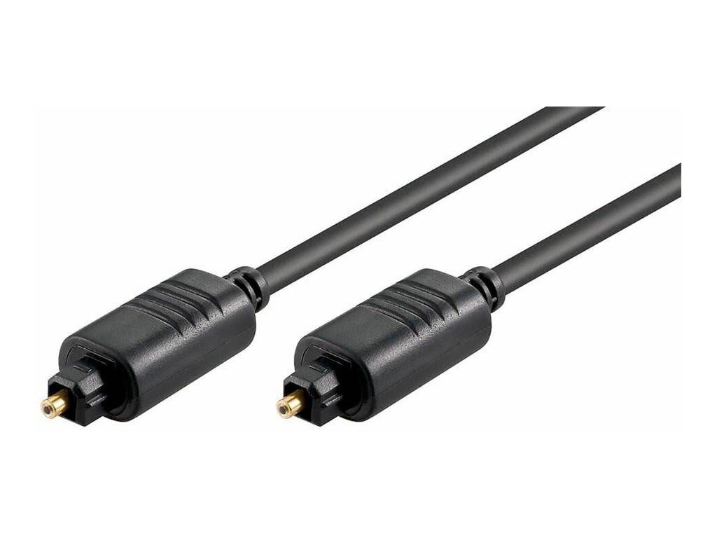 Zwei schwarze optische Audiokabel mit TOSLINK-Steckverbindern auf weißem Hintergrund dargestellt.