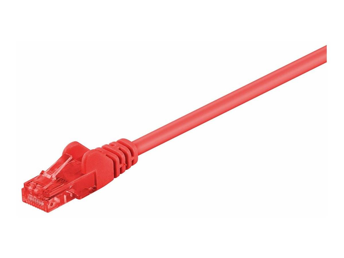 Rotes Ethernet-Kabel mit RJ45-Stecker auf weißem Hintergrund.