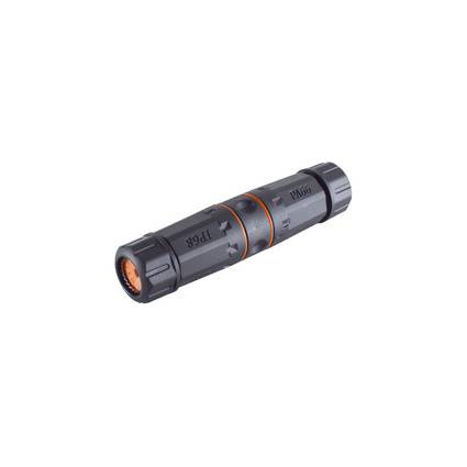 Kompakter grauer zylindrischer Inline-Stecker mit orangefarbenen Dichtungsringen und Gewindelenden, auf weißem Hintergrund dargestellt.