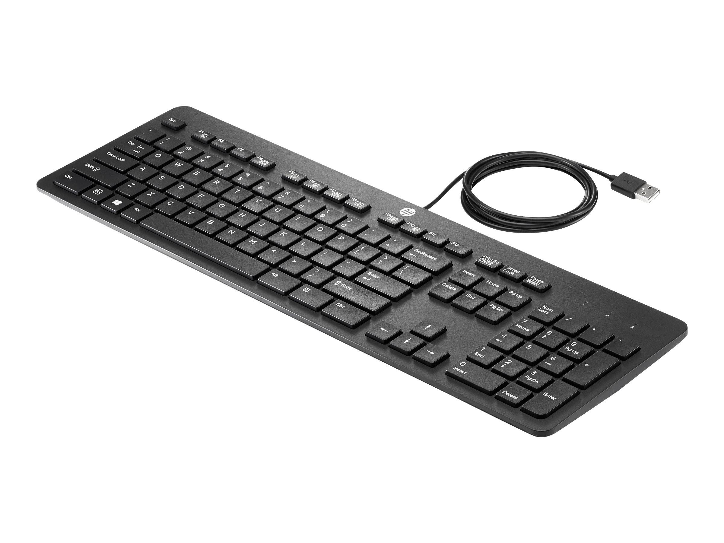 Schwarze kabelgebundene USB-Computertastatur mit Tasten in voller Größe und numerischem Tastenfeld auf weißem Hintergrund.