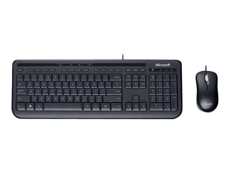Schwarze Microsoft-Tastatur und Maus-Set mit Kabel auf weißem Hintergrund, nebeneinander angeordnet.