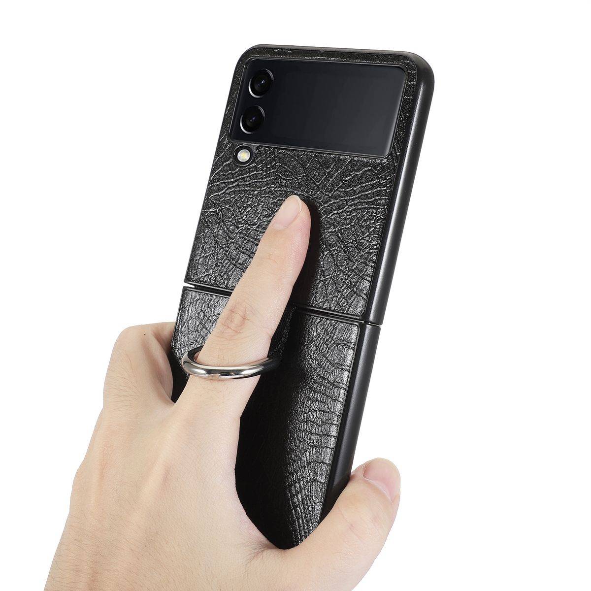 Für Samsung Galaxy Z Flip4 5G Kunstleder / Kunststoff Struktur Handy Tasche Hülle Etuis Schwarz