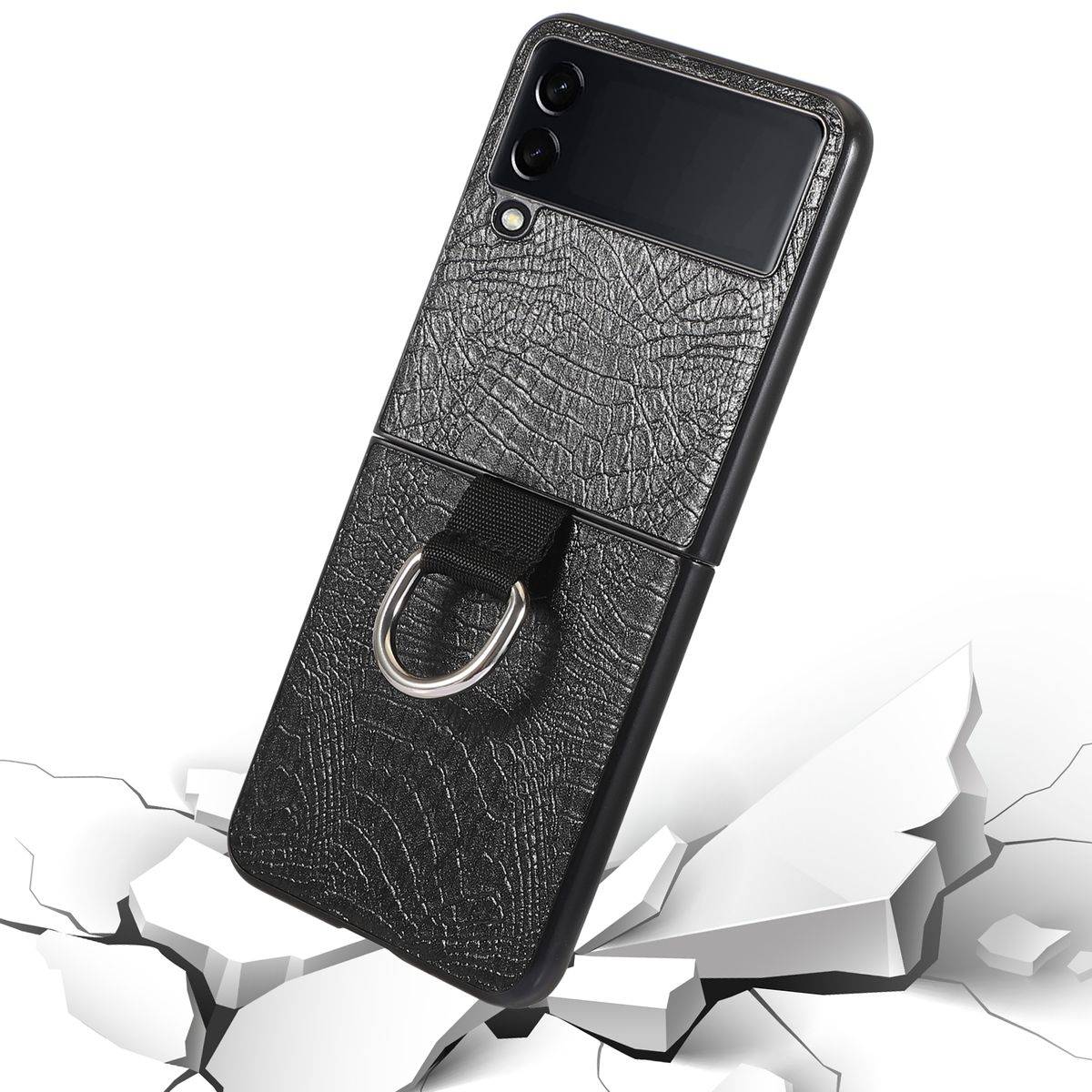 Für Samsung Galaxy Z Flip4 5G Kunstleder / Kunststoff Struktur Handy Tasche Hülle Etuis Schwarz