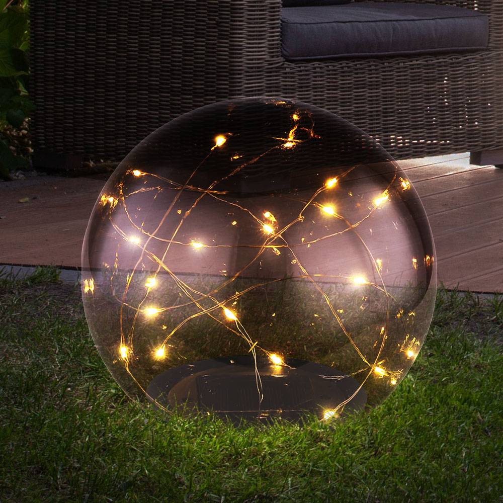 Solarleuchte Kugel Außenleuchte Solar rauchfarben Kugelleuchte Solarlampe, Akku, Leuchtfaden, 20x LED warmweiß, D 15 cm, 2er Set