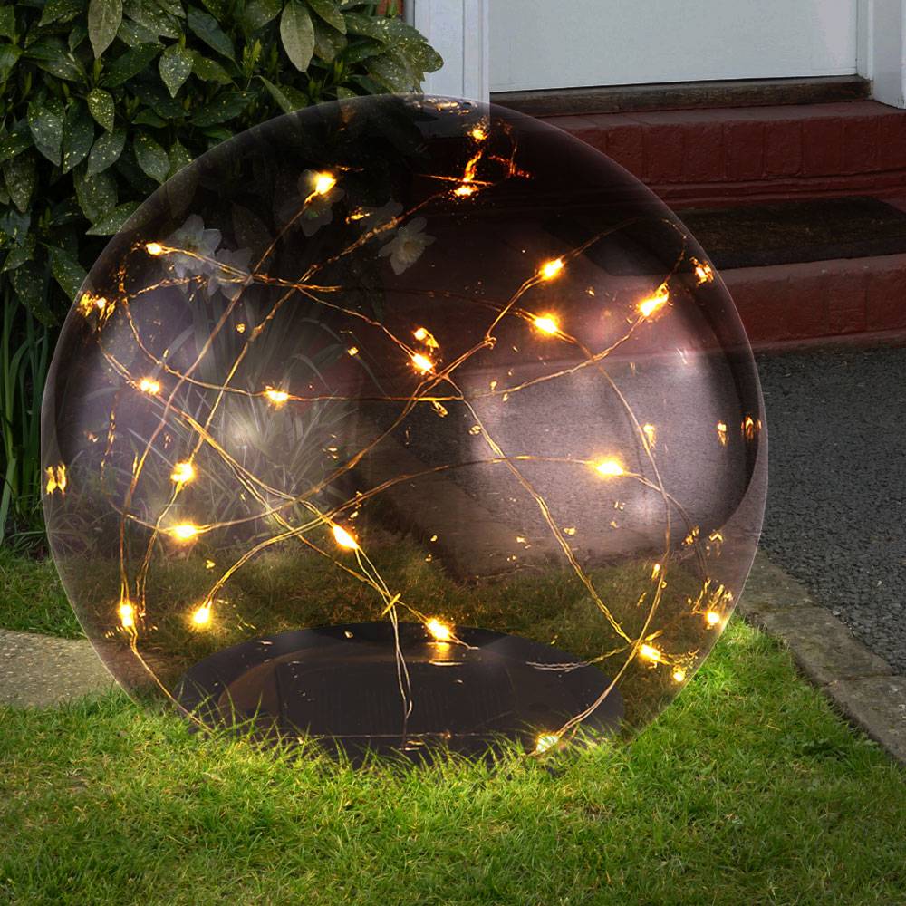 Solarleuchte Kugel Außenleuchte Solar rauchfarben Kugelleuchte Solarlampe, Akku, Leuchtfaden, 20x LED warmweiß, D 15 cm, 2er Set