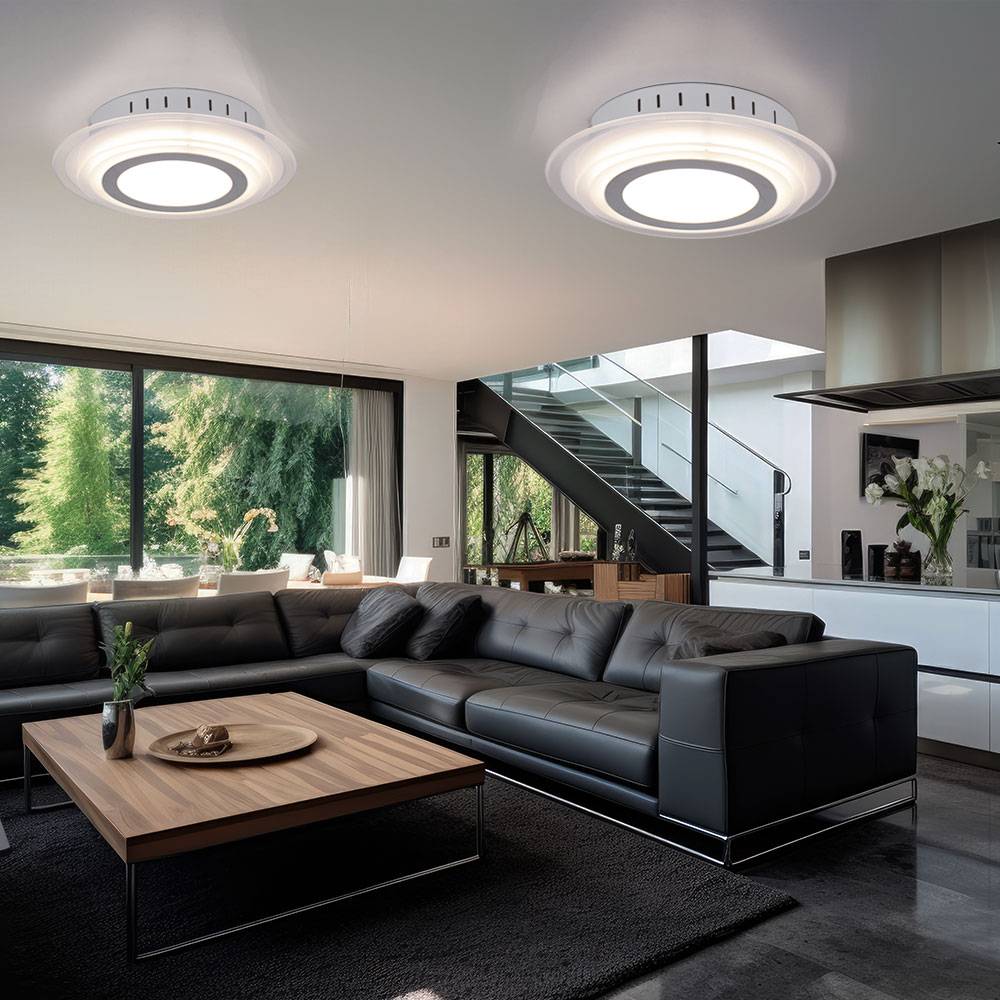 Deckenleuchte Chrom LED Deckenlampe Schlafzimmerlampe Wohnzimmerleuchte, Glas Metall silber, 1x 17,5W 1550lm 3000K warmweiß, DxH 30x7,2 cm, 2er Set