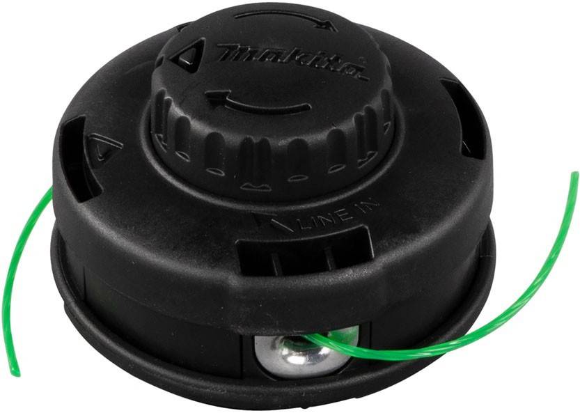 Ein schwarzer Trimmeraufsatz mit geprägter Markenbezeichnung, an dem eine grüne Nylonleine herausragt, zum Schneiden von Gras und Unkraut.