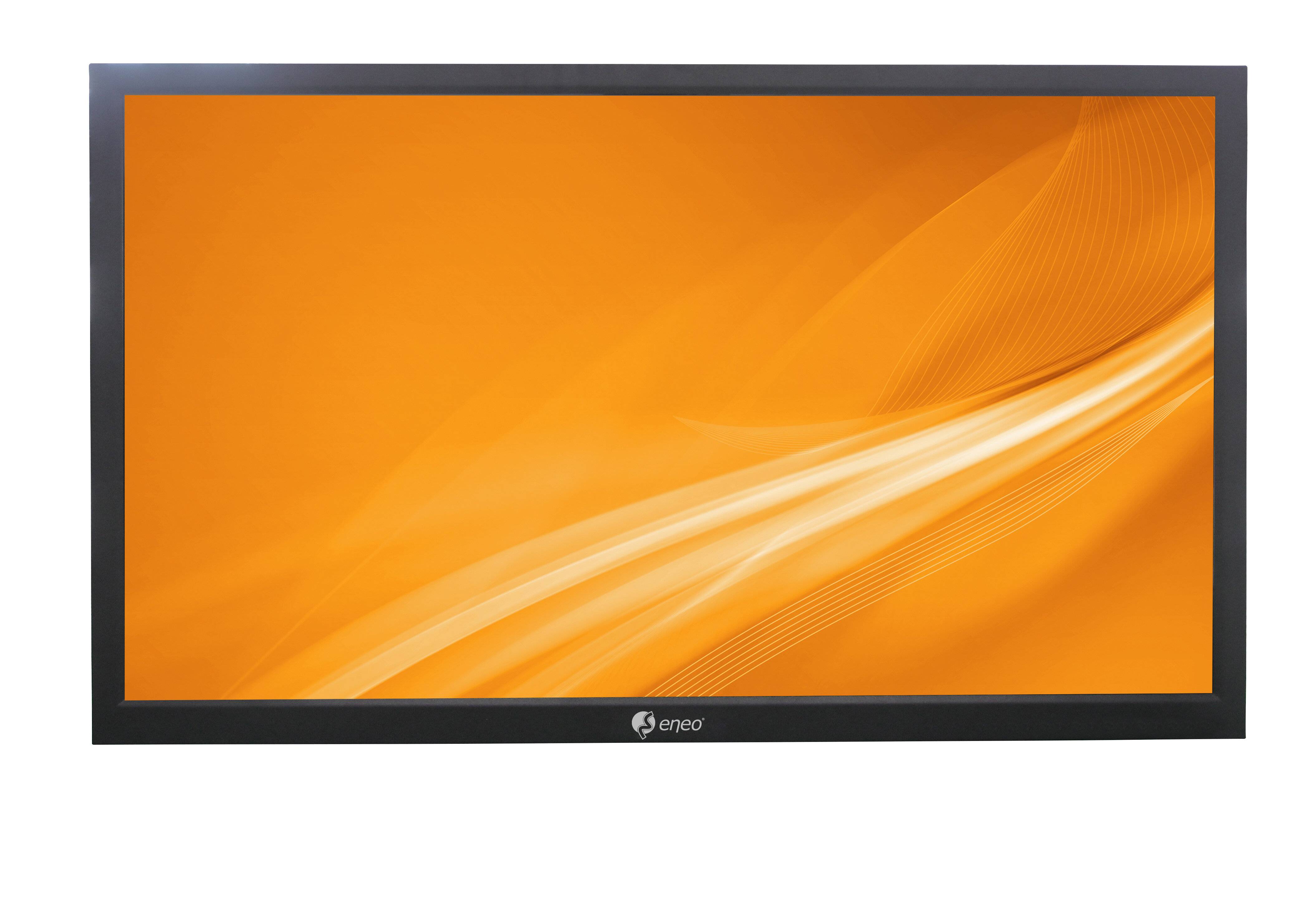 Ein Flachbildschirm mit orangefarbenem abstraktem Wellenhintergrund und kleinem, zentriertem 'eneo'-Logo auf der unteren Blende.