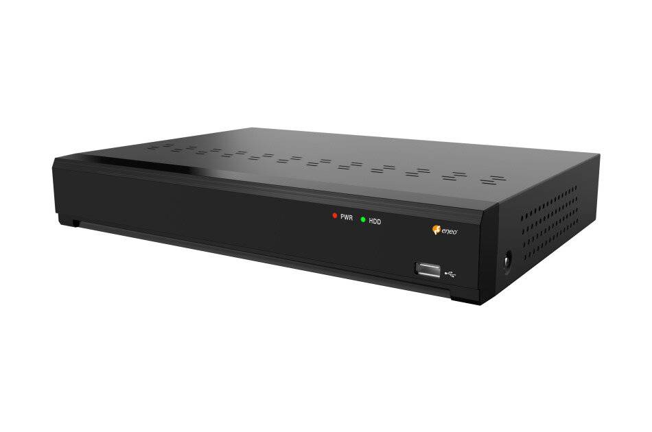 Schwarzer DVR- oder NVR-Sicherheitsrekorder mit Statusleuchten an der Vorderseite und USB-Anschluss auf weißem Hintergrund.