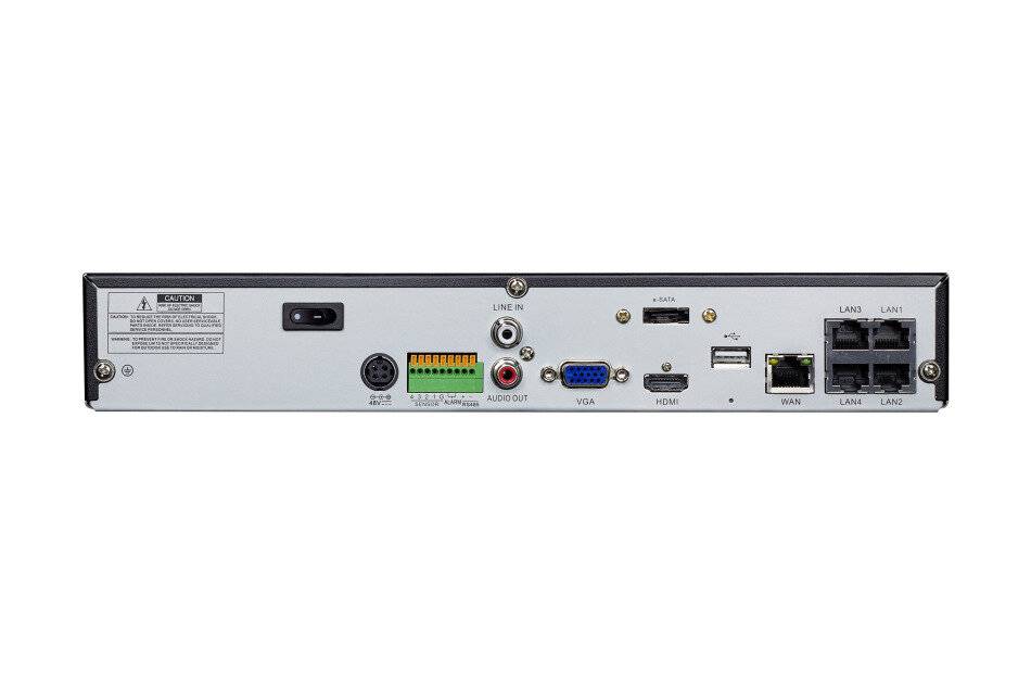 Rückseite eines Überwachungsrekorders mit Stromversorgung, Audio, VGA, HDMI, USB, Ethernet und vier LAN-Anschlüssen für Kameras/Benutzer.