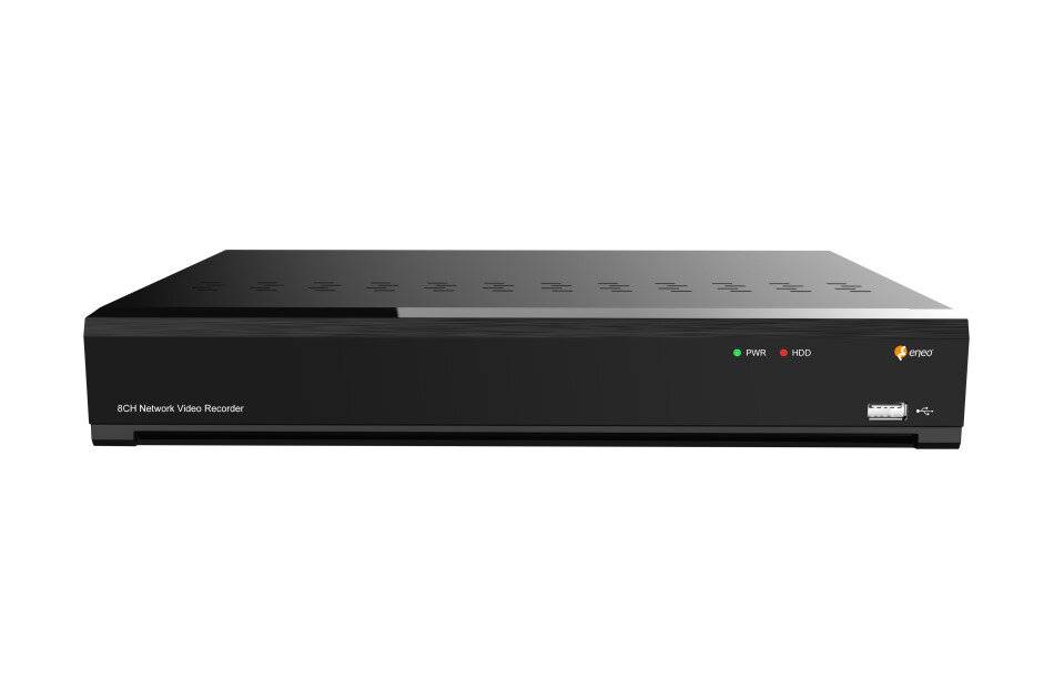 Schwarzer CCTV-Netzwerk-Videorekorder mit vorderen Statusleuchten und USB-Anschluss auf weißem Hintergrund.