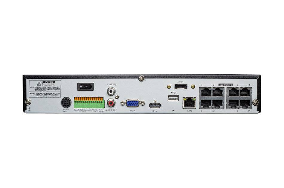 Rückansicht eines Sicherheitsrecorders mit Stromversorgung, Audio, VGA, HDMI, LAN, USB und 8 PoE-Kameraanschlüssen zum Anschluss von Überwachungsgeräten.