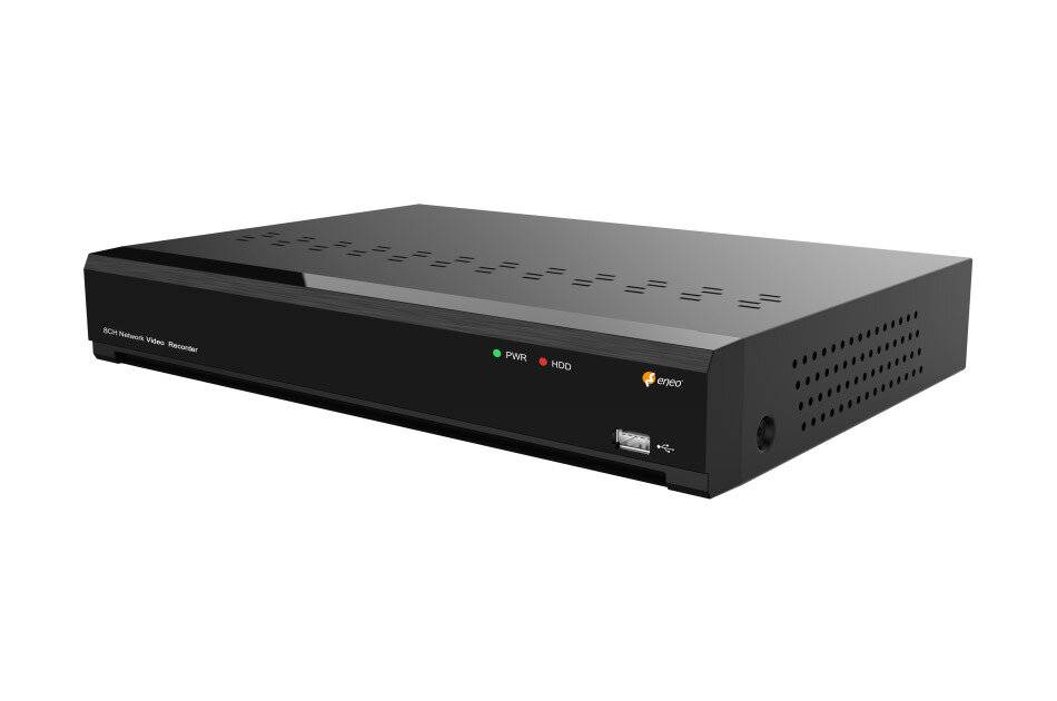 Schwarzes rechteckiges Sicherheits-DVR-Aufnahmegerät mit vorderen Statusleuchten, USB-Anschluss und Belüftungslöchern auf weißem Hintergrund.
