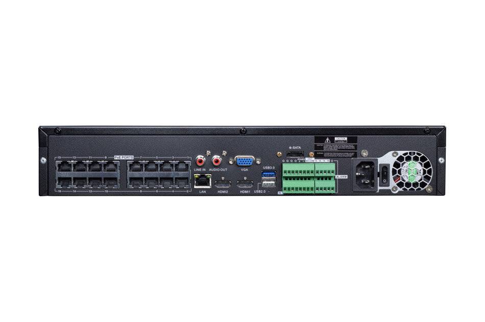 Rückansicht eines Rack-Mount-Netzwerkgeräts mit mehreren Ethernet-Anschlüssen, VGA- und USB-Verbindungen, Anschlussblöcken, Stromeingabe und einem Kühlventilator.