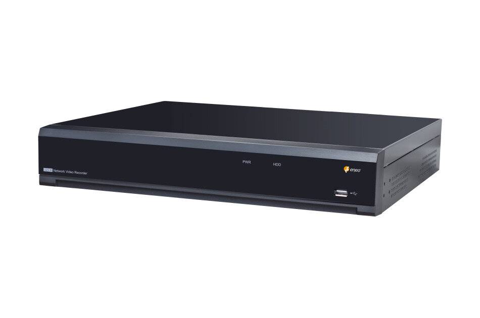 Schwarzer rechteckiger Sicherheits-DVR-/NVR-Recorder mit vorderen USB-Anschlüssen, abgebildet auf weißem Hintergrund.