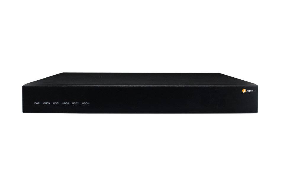 Schwarzer Sicherheits-DVR-Rekorder mit Statusleuchten und Logos auf der Vorderseite, auf weißem Hintergrund dargestellt.