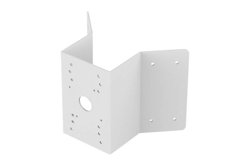 Weißes Metallwinkel mit gebogenen Paneelen und mehreren Befestigungslöchern, isoliert auf weißem Hintergrund dargestellt.