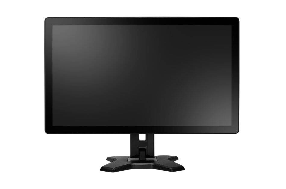 Schwarzer Computermonitor auf einem Ständer, Vorderansicht, mit leerem Bildschirm auf weißem Hintergrund.