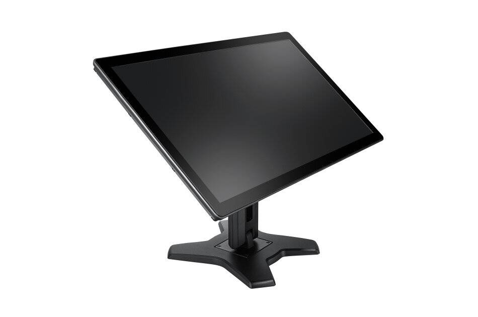 Schwarzer Touchscreen-Monitor auf einem Ständer, leicht nach links geneigt vor weißem Hintergrund.