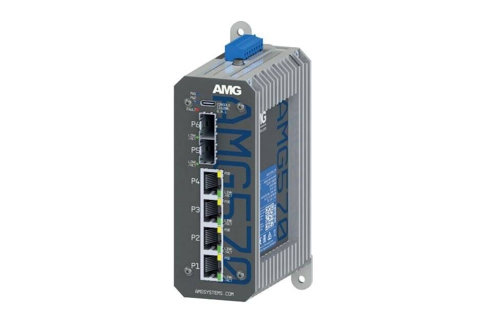 „AMG-Systemsnetzwerkschalter mit mehreren Ethernet-Ports, DIN-Schienenmontage und blauem Uplink-Port für industrielle Konnektivitätsanwendungen.