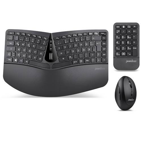 Ergonomisches Tastaturset bestehend aus einer geteilten Tastatur, abnehmbarem Ziffernblock und kabellosem Maus, entwickelt für komfortables Tippen.