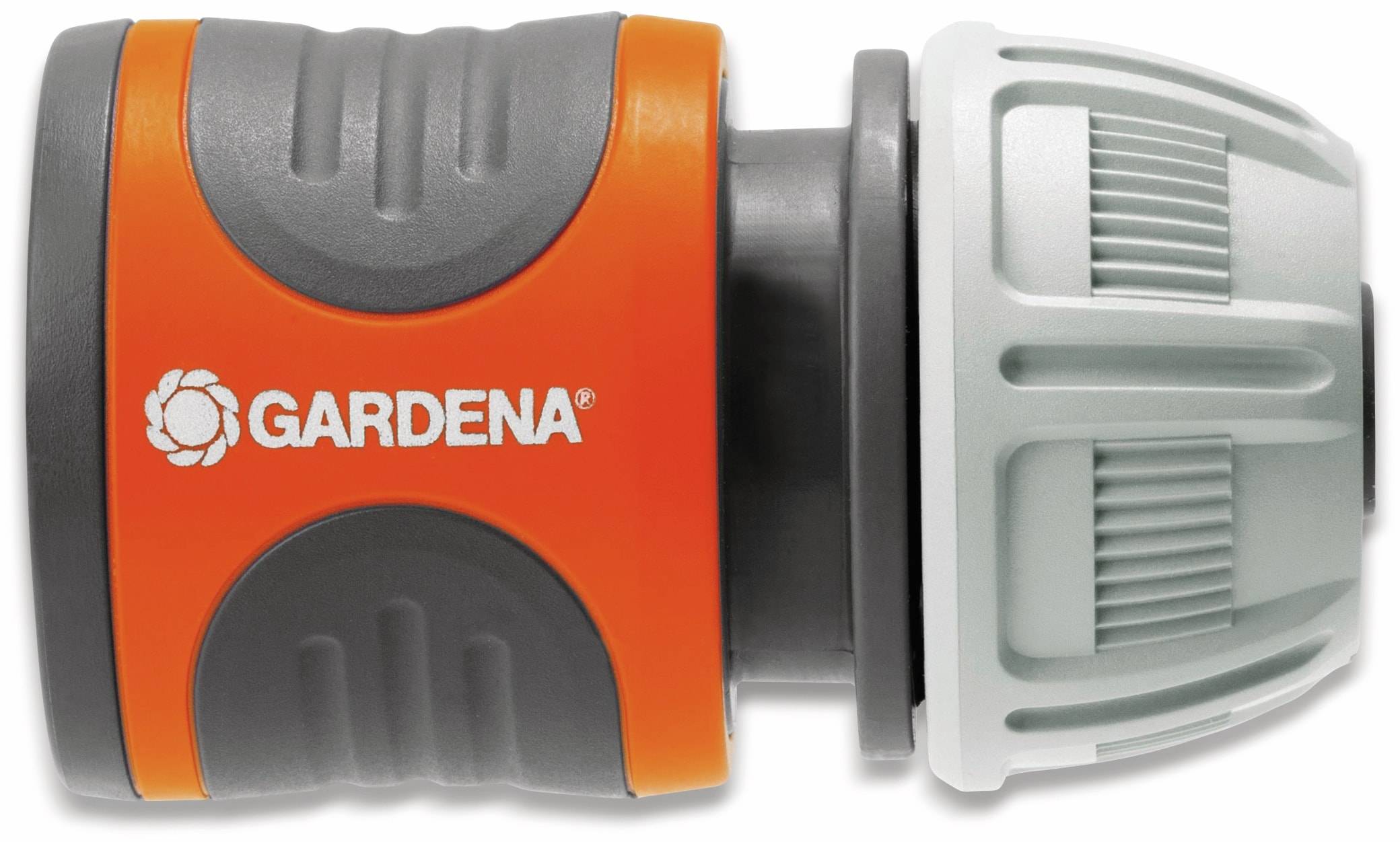 GARDENA Schlauchverbinder mit grauem und orangefarbenem Körper und weißer verstellbarer Düsenöffnung