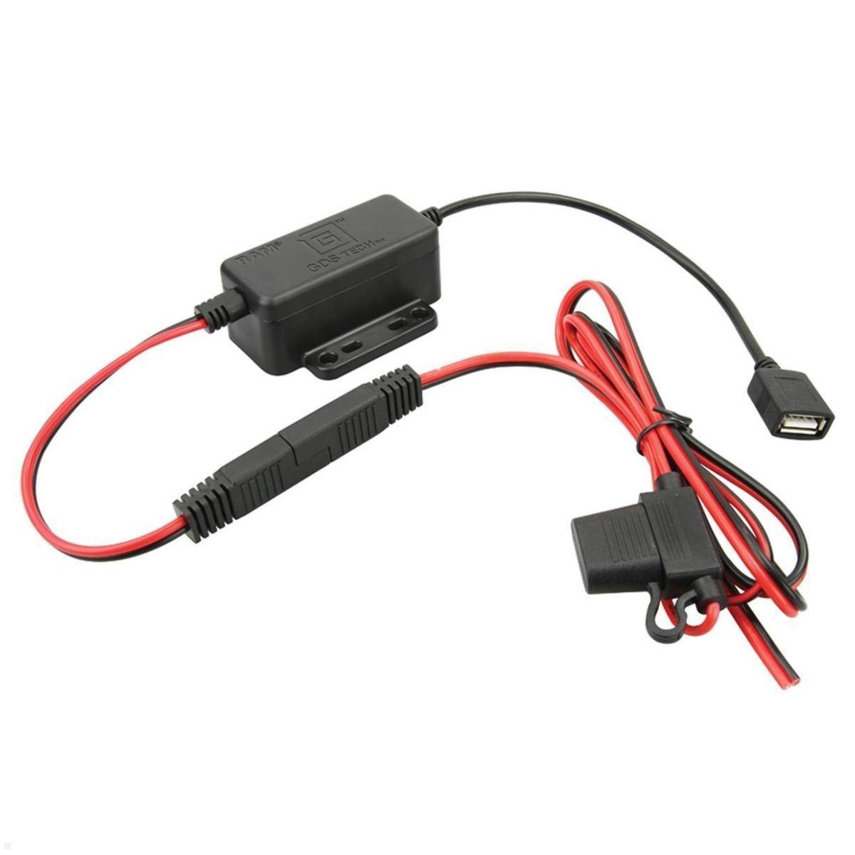 Schwarz-rotes USB-Stromadapterkabel mit integrierter Kontrollbox und gesicherter Stromleitung, das zum Verbinden und Stromversorgung eines Geräts von USB verwendet wird.