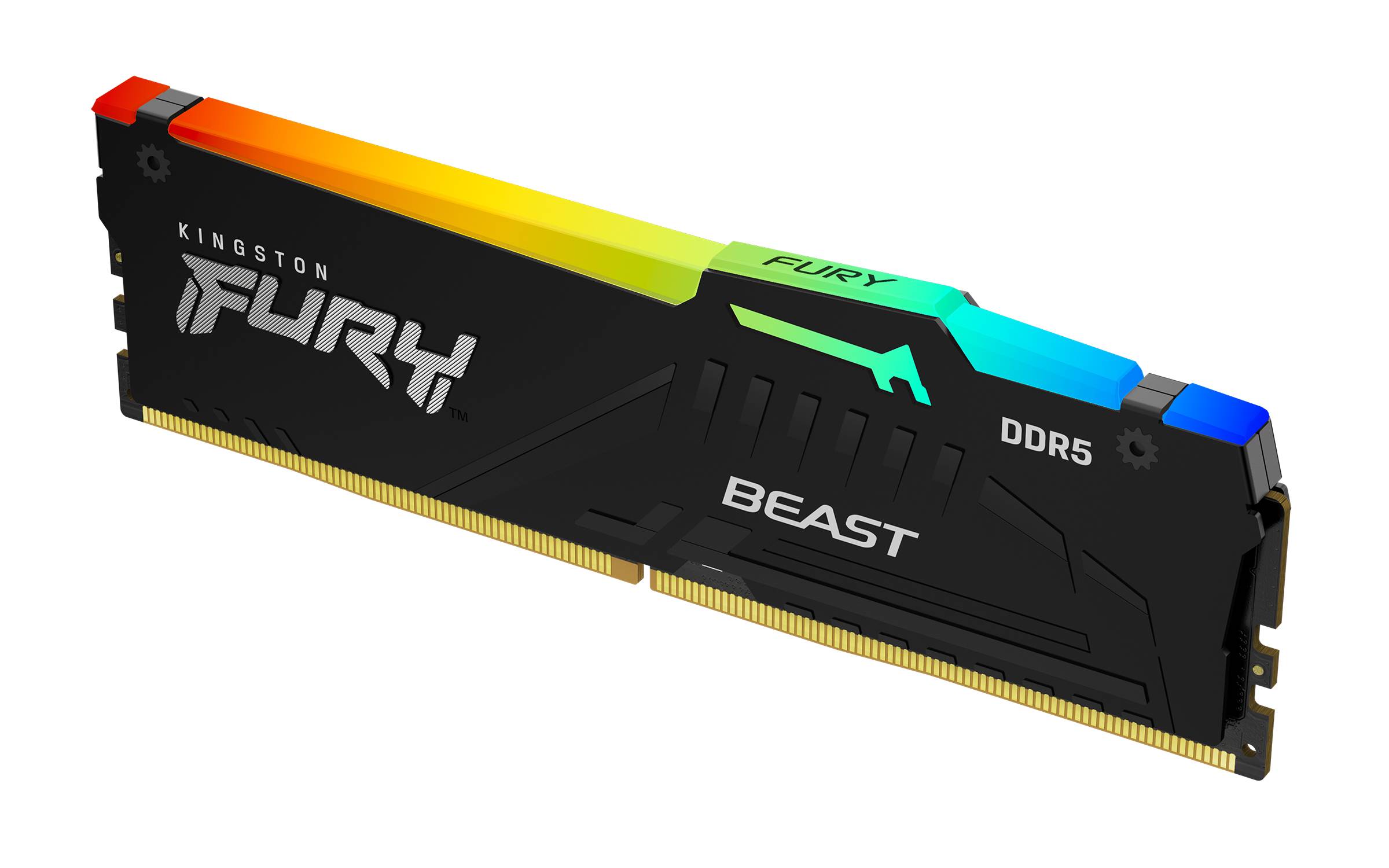 Ein Kingston FURY Beast DDR5 Desktop-RAM-Modul mit einem regenbogenfarbenen Wärmeverteiler auf weißem Hintergrund.