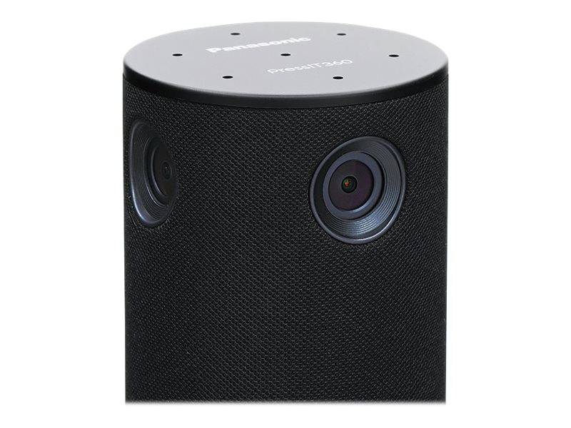 Schwarzer zylindrischer Smart Speaker mit zwei sichtbaren Kameraobjektiven/Sensoren auf der Vorderseite und einer silbernen oberen Abdeckung mit Anschlüssen oder Tasten.