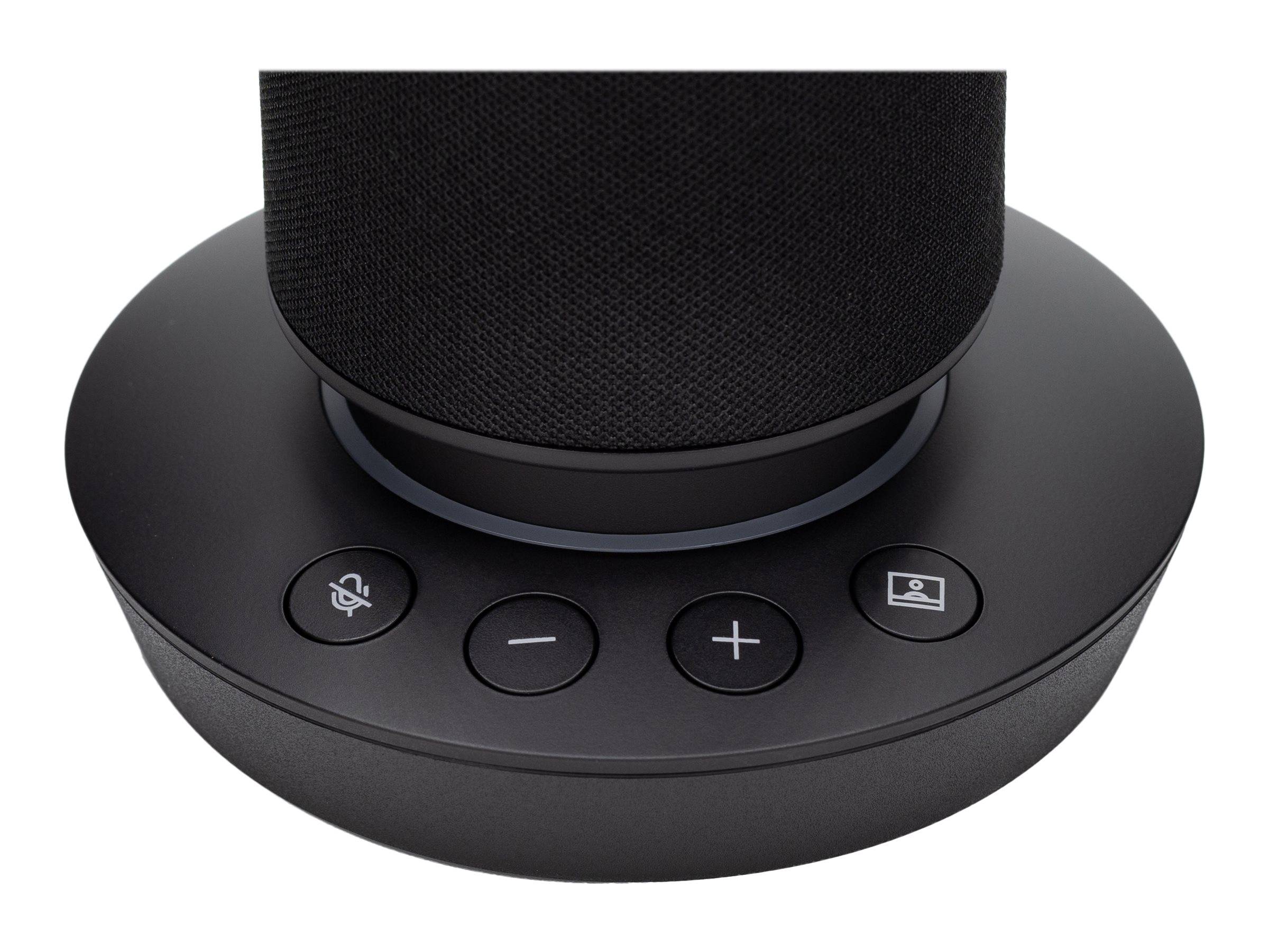 Nahaufnahme einer schwarzen Smart-Speaker-Basis mit vier vorderen Tasten: Stummschaltung, Lautstärke leiser, Lautstärke lauter und ein Geräte-Symbol.