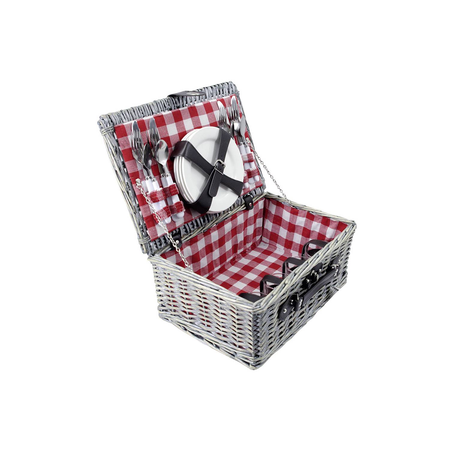 Picknickkorb 4 Personen 40x28x18cm, grau/weiß/rot
