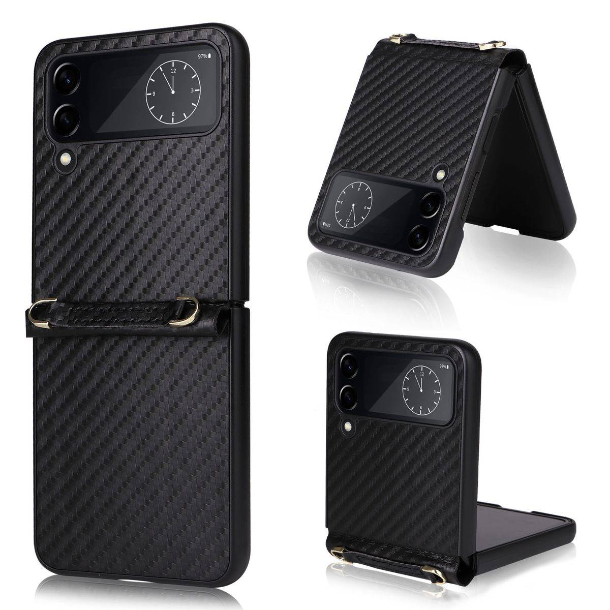 Für Samsung Galaxy Z Flip4 5G Kunstleder / Kunststoff Kohlefaser Struktur Handy Tasche Hülle Etuis Schwarz