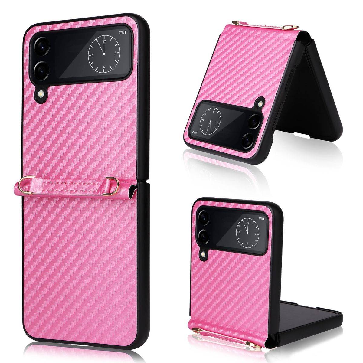 Für Samsung Galaxy Z Flip4 5G Kunstleder / Kunststoff Kohlefaser Struktur Handy Tasche Hülle Etuis Pink