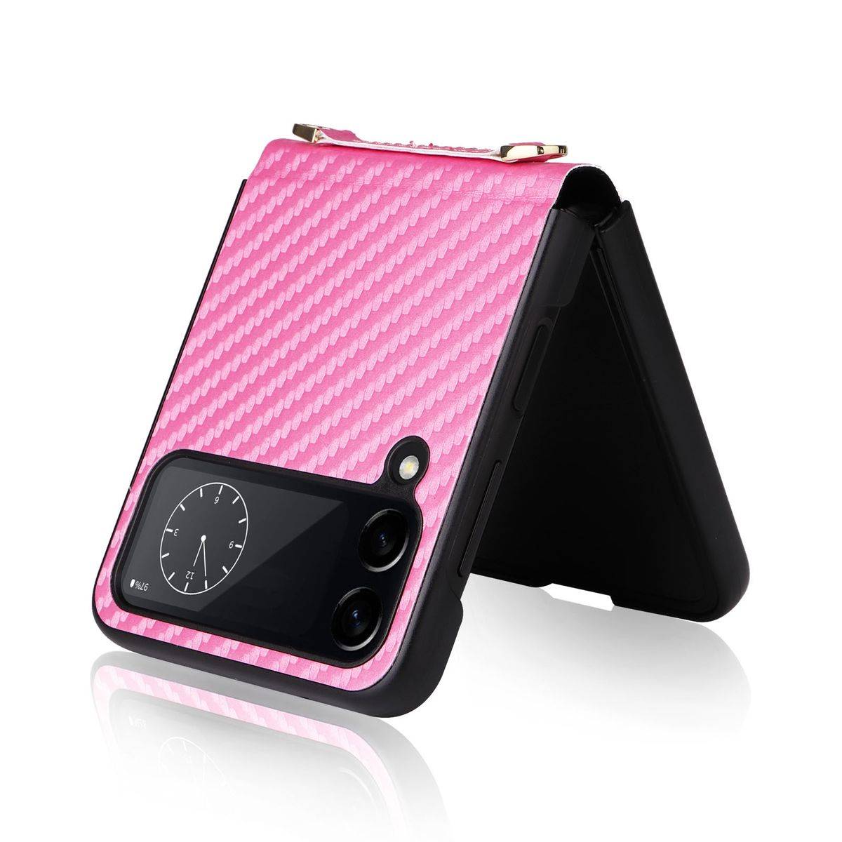 Für Samsung Galaxy Z Flip4 5G Kunstleder / Kunststoff Kohlefaser Struktur Handy Tasche Hülle Etuis Pink
