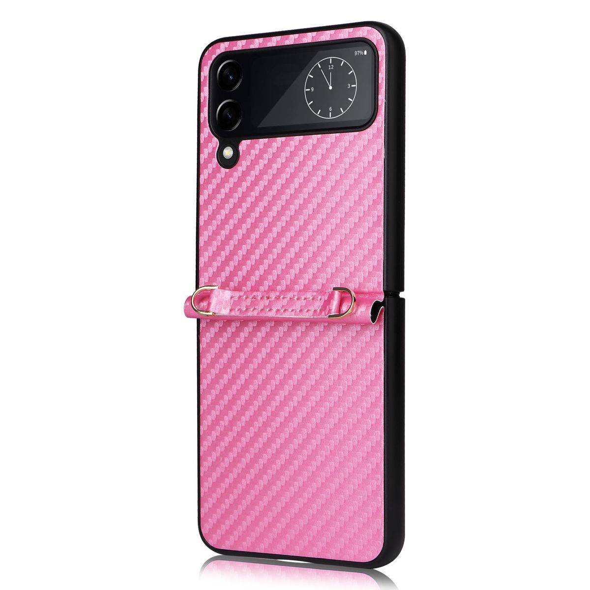 Für Samsung Galaxy Z Flip4 5G Kunstleder / Kunststoff Kohlefaser Struktur Handy Tasche Hülle Etuis Pink