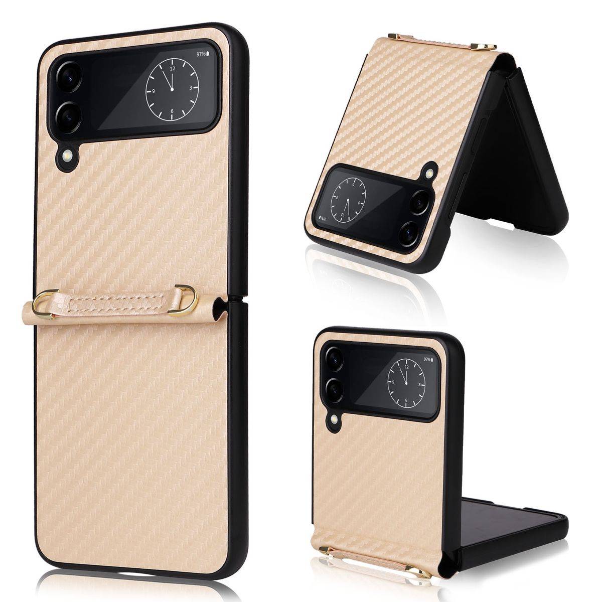Für Samsung Galaxy Z Flip4 5G Kunstleder / Kunststoff Kohlefaser Struktur Handy Tasche Hülle Etuis Gold
